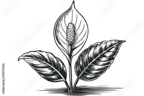Line Drawing of Peace Lily Flower and Leaves. Vector hand drawn illustration