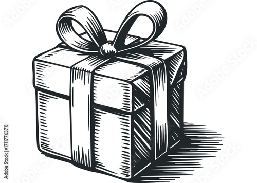 Gift box with ribbon and bow. Vector hand drawn illustration