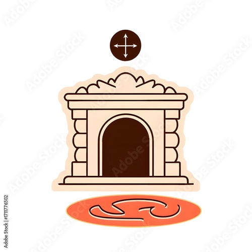 Stylized Stone Fireplace with Decorative Arch and Flame Motif.