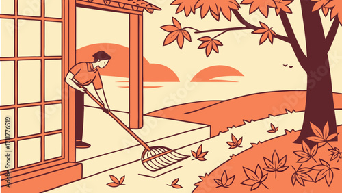 Person Raking Autumn Maple Leaves Outside Traditional Japanese House in Flat Illustration Style