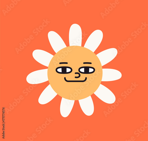 Cute flower with smiling face. Happy kawaii camomile emoji, funny daisy character with petals and cheerful face expression. Adorable sunny chamomile. Kids childish flat vector illustration