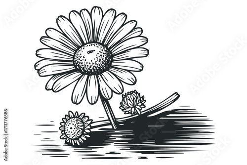 Hand Drawn Daisy Flowers and Buds on. Vector hand drawn illustration