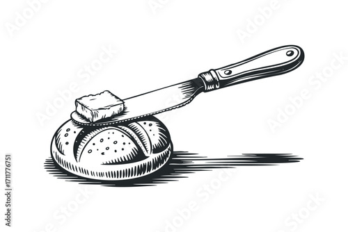 Knife spreading butter on bread roll, Isolated. Vector hand drawn illustration