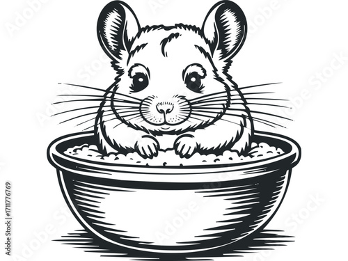Cute chinchilla sitting in a bowl of food. Vector hand drawn illustration