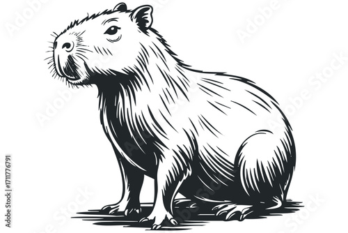 Capybara sitting on ground ink sketch. Vector hand drawn illustration