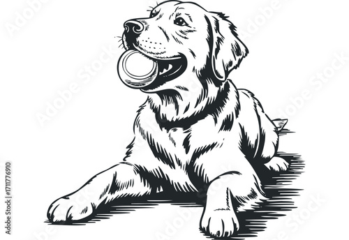 Happy dog with ball in mouth. Vector hand drawn illustration