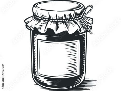 Jar with lid and twine for jam or preserve. Vector hand drawn illustration