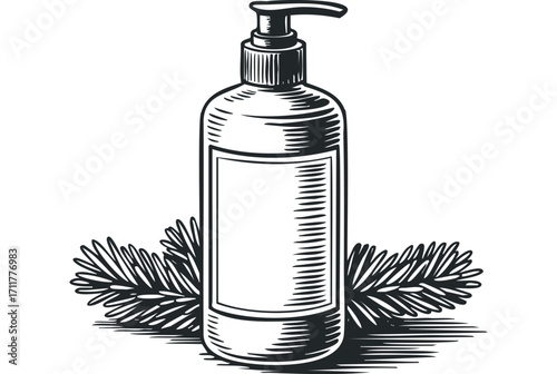 Vintage-style dispenser bottle with fir branches. Vector hand drawn illustration
