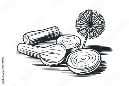 Engraving style depiction of cloves and dried flower on white. Vector hand drawn illustration