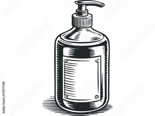 Pump bottle graphic with label space on a white surface. Vector hand drawn illustration