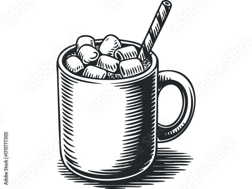 Hot cocoa mug with marshmallows and straw isolated. Vector hand drawn illustration