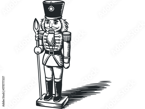 Black and white nutcracker soldier with spear. Vector hand drawn illustration