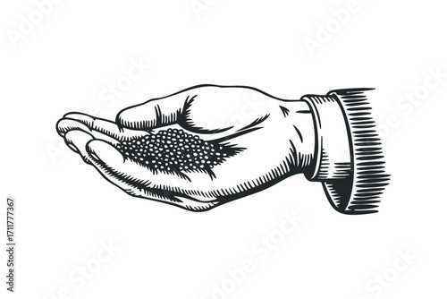 Hand holding small seeds or beads. Vector hand drawn illustration