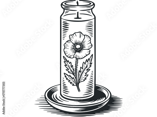 Engraved Poppy Flower Candle. Vector hand drawn illustration