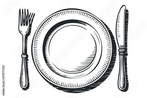 Table setting with fork, knife, and plate. Vector hand drawn illustration