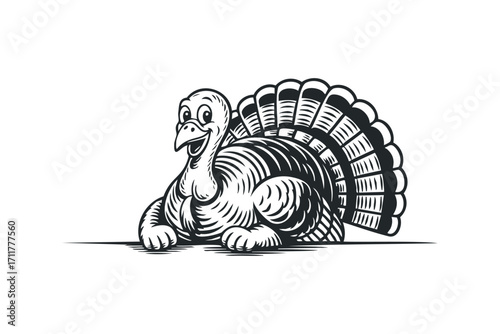 Funny cartoon turkey bird with open beak and fanned tail. Vector hand drawn illustration