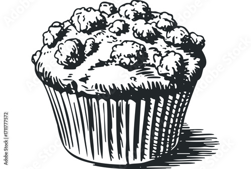 Hand drawn muffin with crumble topping. Vector hand drawn illustration