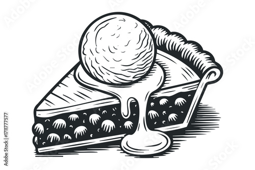 Slice of pie with melting ice cream scoop. Vector hand drawn illustration