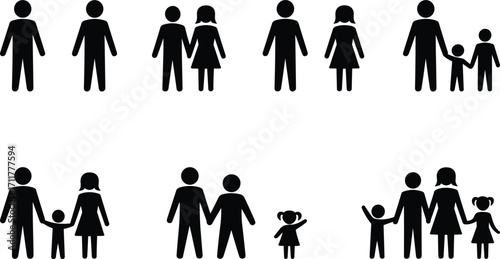 Family icons, parent and child, diverse family silhouettes, nuclear family symbols, people holding hands, children with parents, family unity, black silhouettes, simple design, isolated background