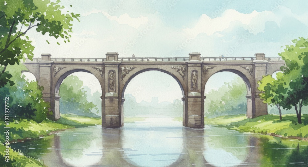 Fototapeta premium Watercolor painting of an arched stone bridge over a river