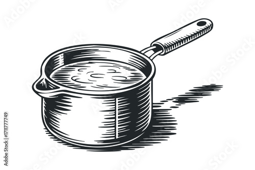 Vintage saucepan with liquid. Vector hand drawn illustration