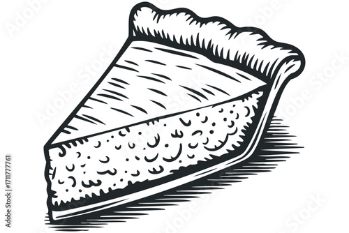Monochrome slice of pie with textured filling and flaky crust. Vector hand drawn illustration