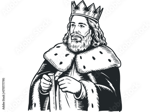 Bearded King with Crown and Fur-Trimmed Cape Holding Scepter. Vector hand drawn illustration