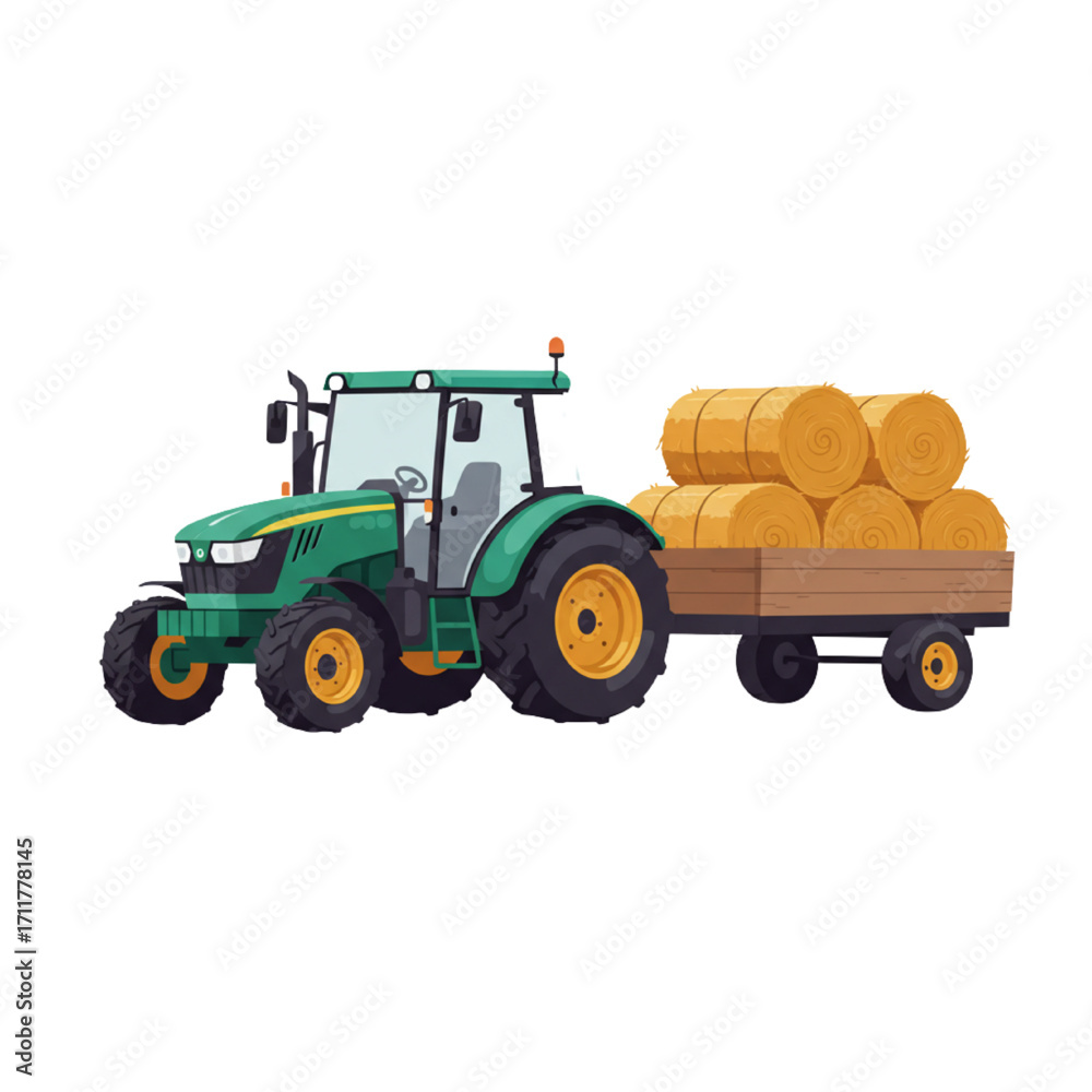 Obraz premium Farm Tractor with Hay Trailer Vector – Compact Agricultural Vehicle Pulling Small Wagon Stacked with Harvest Bales
