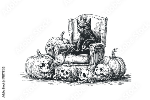 Black Cat Wearing Crown Sits on Throne Surrounded by Carved Pumpkins and Skulls. Vector hand drawn illustration