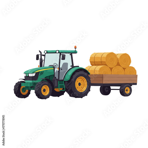 Farm Tractor with Hay Trailer Vector – Compact Agricultural Vehicle Pulling Small Wagon Stacked with Harvest Bales