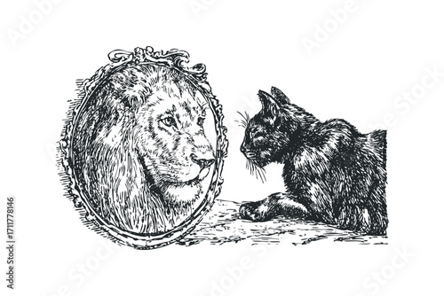 Cat gazes at lion reflection in ornate oval mirror. Vector hand drawn illustration