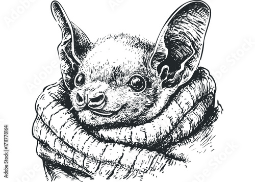 Close up hand drawn sketch of a bat wearing a scarf. Vector hand drawn illustration