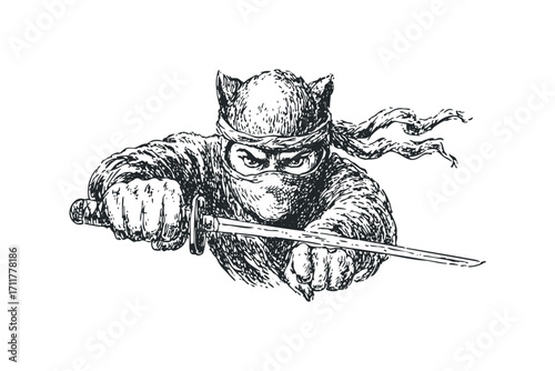 Sketch of a Ninja Warrior Holding a Katana Sword. Vector hand drawn illustration