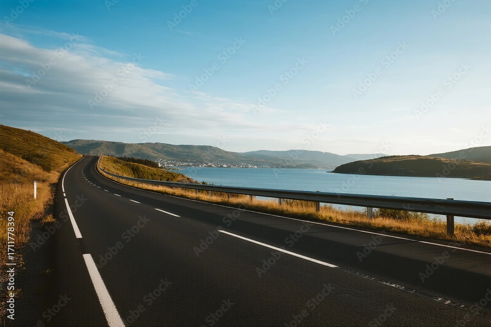 Fototapeta premium A scenic road with clear sky and lake view in the distance