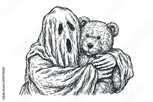 Ghost hugging teddy bear. Vector hand drawn illustration