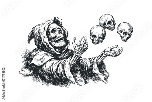 Grim Reaper throwing skulls graphic. Vector hand drawn illustration
