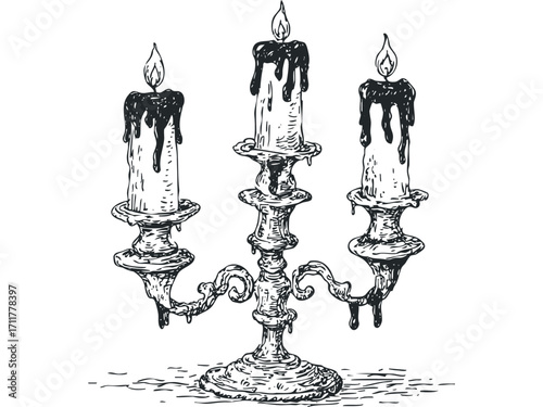 Antique Candelabra with Dripping Wax and Flames. Vector hand drawn illustration
