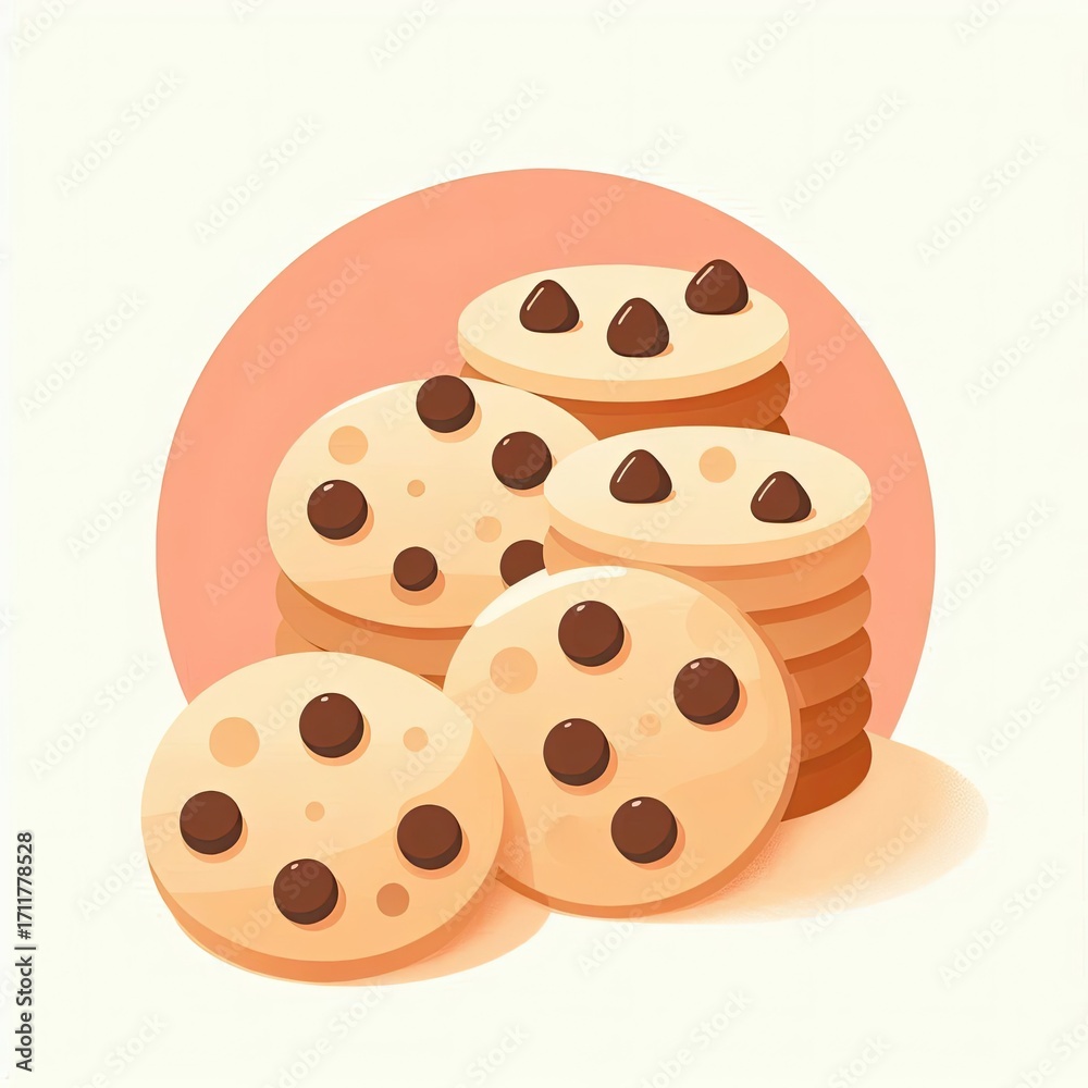 Fototapeta premium Minimalist flat vector illustration of homemade cookies in pastel colors, simple and modern design with chocolate chip details, perfect for icons, clipart, or celebrating National Homemade Cookies Day