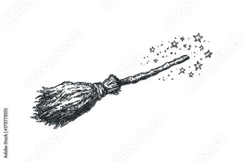 Broomstick with sparkling stars. Vector hand drawn illustration