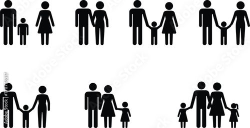 Family icons, diverse family silhouettes, parents and children, nuclear families, family relationships, black symbols, family unity, various family structures, 