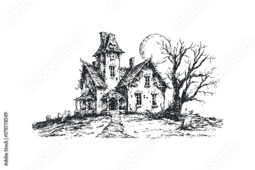 Spooky mansion with bare tree and moon, pen and ink drawing. Vector hand drawn illustration