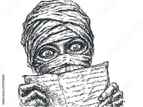 Scary Mummy Reading a Letter on. Vector hand drawn illustration