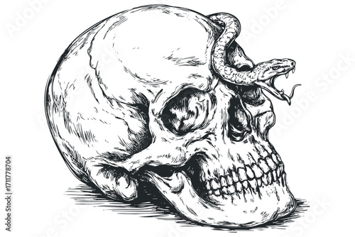 Detailed ink sketch of a coiled snake around a human skull. Vector hand drawn illustration