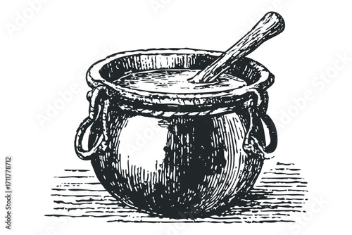 Vintage sketch of a cauldron with a wooden stirring utensil. Vector hand drawn illustration