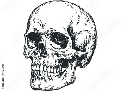 Hand drawn sketch of human skull with visible teeth. Vector hand drawn illustration