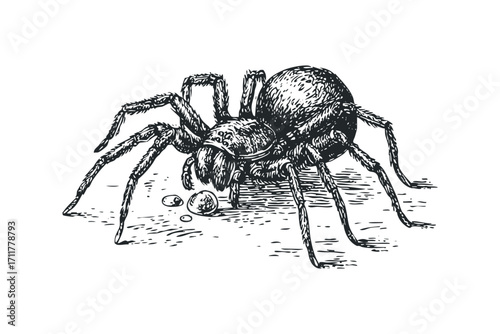 Detailed sketch of a tarantula with dew drops. Vector hand drawn illustration