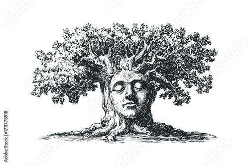 Personified ancient tree with tranquil face and leafy crown. Vector hand drawn illustration