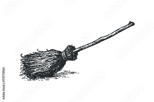 Antique Wooden Broom with Straw Bristles. Vector hand drawn illustration