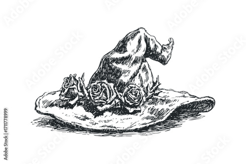 Sketch of a witch hat adorned with roses on a. Vector hand drawn illustration
