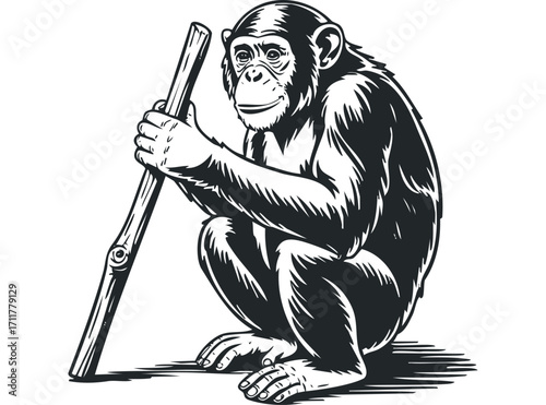 Chimpanzee holding a stick. Vector hand drawn illustration